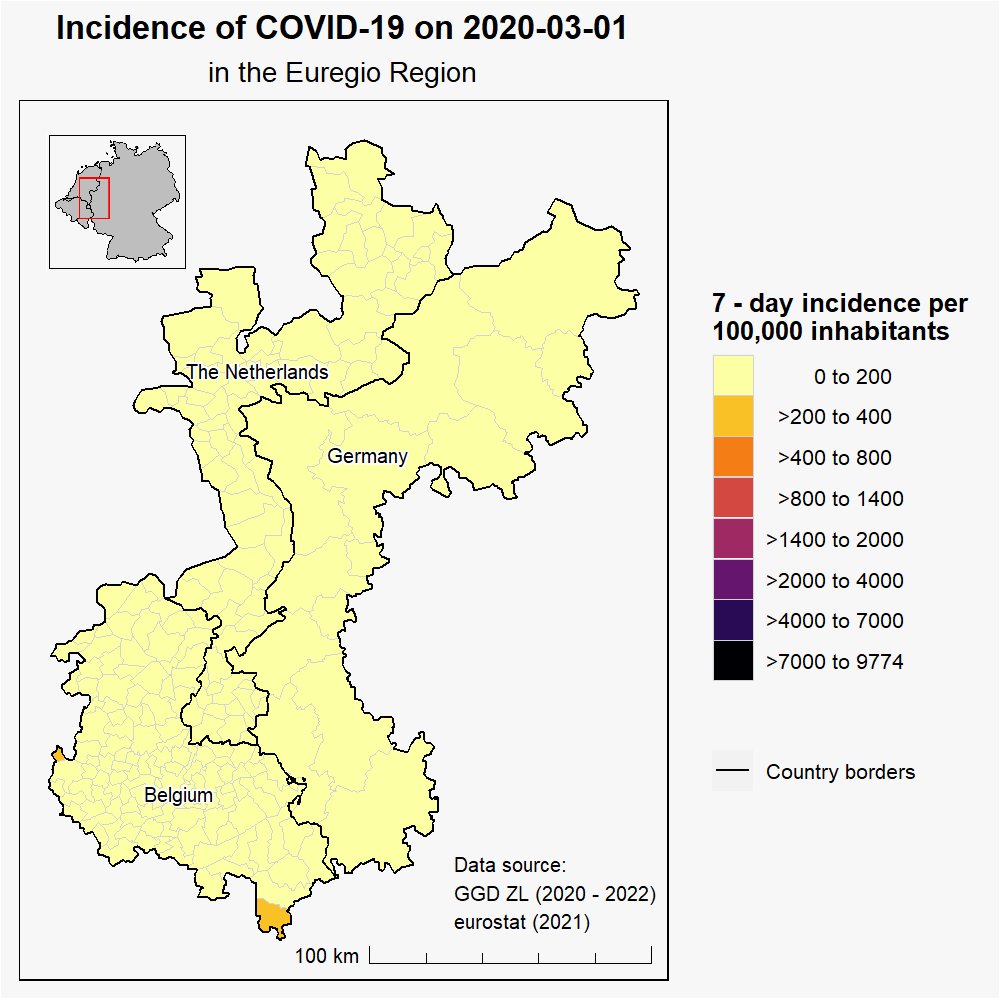 Animatie van dagelijkse COVID-19 getallen in de grensregio NL-DE-BE, 1 maart 2020 tot 2 oktober 2022